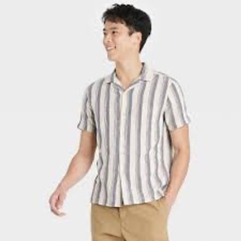 Goodfellow & Co Mens Brown‎ White Striped Short Sleeve Button Down Shirt Large